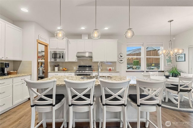 kitchen with stainless steel appliances, light wood-type flooring, a sink, and under cabinet range hood