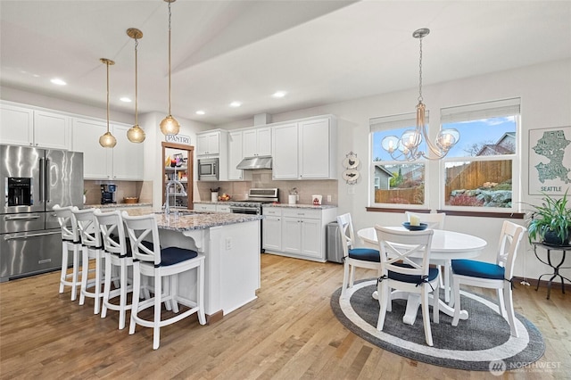 kitchen featuring stainless steel appliances, light wood-style flooring, under cabinet range hood, and tasteful backsplash