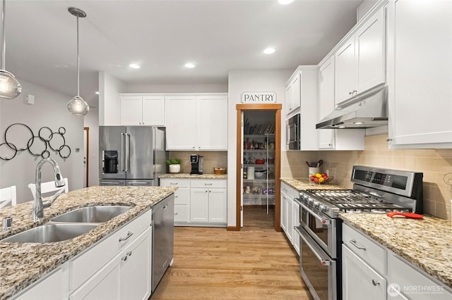 kitchen featuring light wood finished floors, stainless steel appliances, white cabinets, a sink, and under cabinet range hood