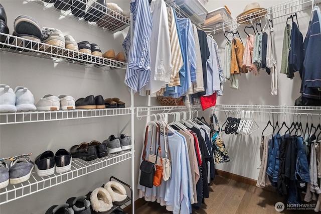 walk in closet with wood finished floors