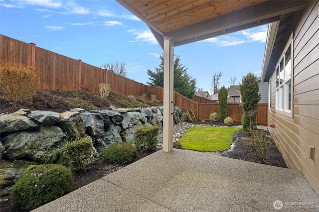 view of yard featuring a fenced backyard and a patio