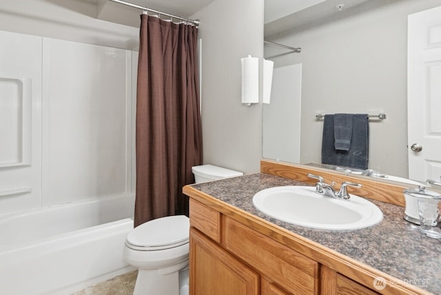 full bath with tile patterned flooring, vanity, toilet, and shower / bath combo with shower curtain