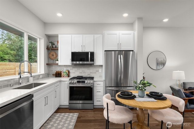 kitchen with a sink, stainless steel appliances, light countertops, and white cabinets