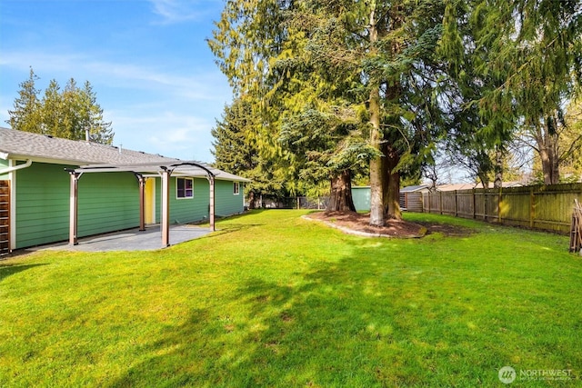 view of yard featuring a patio area and a fenced backyard