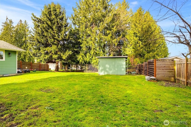 view of yard with a fenced backyard, a storage unit, and an outbuilding