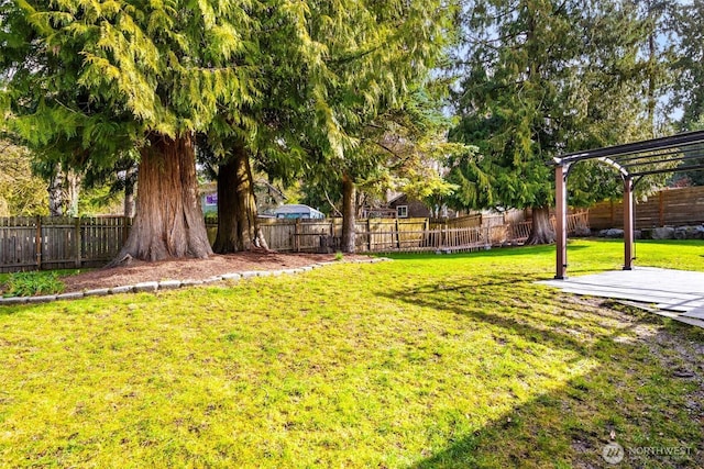 view of yard featuring a fenced backyard and a pergola