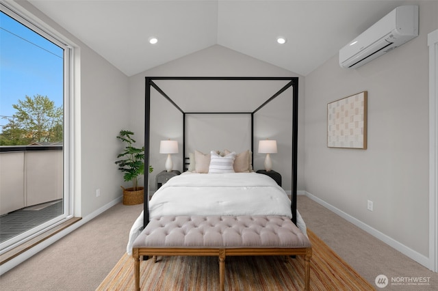 bedroom featuring carpet, lofted ceiling, recessed lighting, an AC wall unit, and baseboards