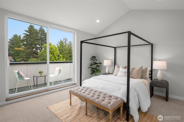 carpeted bedroom with lofted ceiling, multiple windows, and recessed lighting