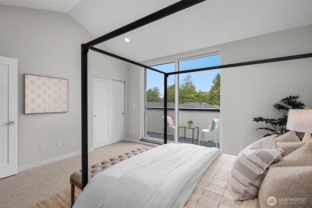 bedroom featuring lofted ceiling, light carpet, access to exterior, and baseboards