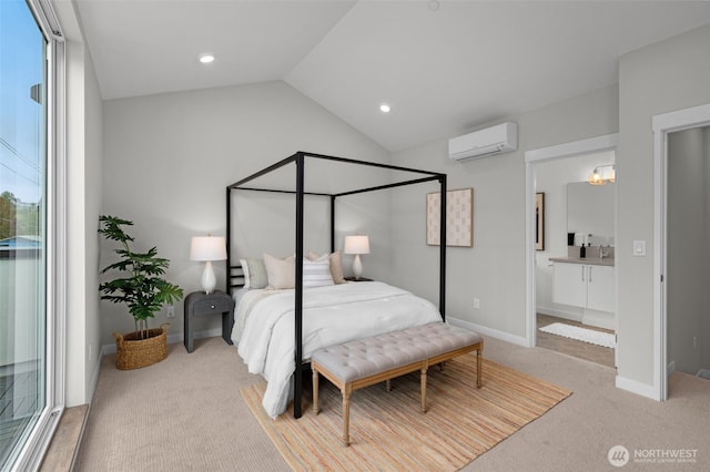 bedroom with light carpet, baseboards, a wall unit AC, lofted ceiling, and recessed lighting