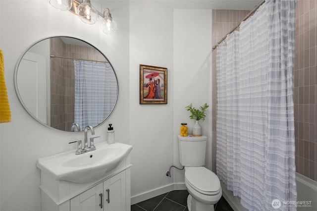 full bathroom with shower / tub combo with curtain, toilet, vanity, tile patterned flooring, and baseboards