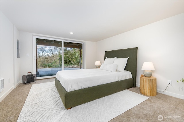 carpeted bedroom featuring access to exterior, visible vents, recessed lighting, and baseboards