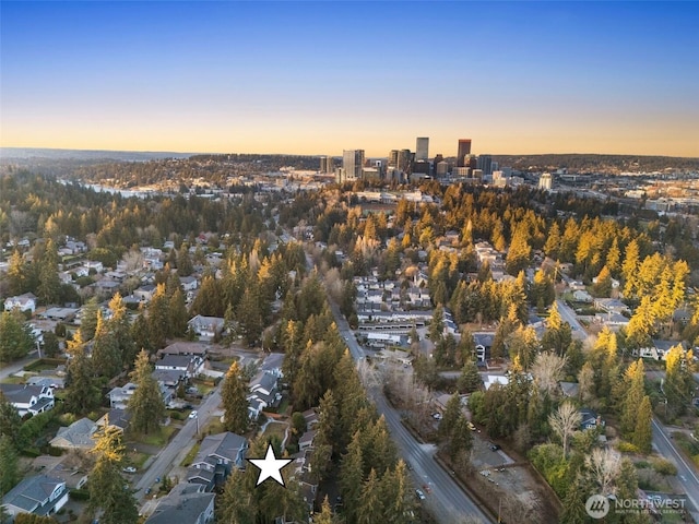 aerial view at dusk featuring a view of city