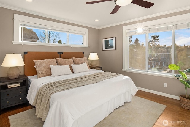 2311 42nd Ave E, Seattle, WA 98112 - bedroom with crown molding, ceiling fan, baseboards, recessed lighting, and wood finished floors
