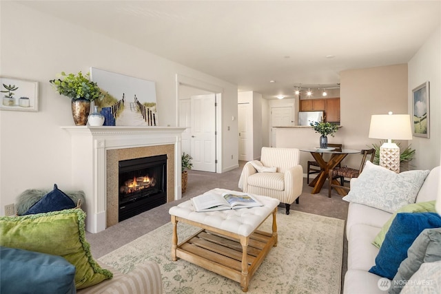 living room with light carpet and a lit fireplace