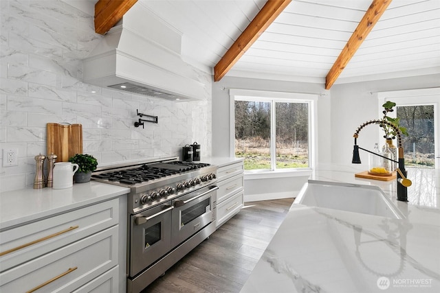 kitchen featuring dark wood finished floors, custom exhaust hood, backsplash, a sink, and double oven range