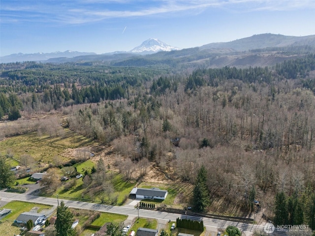 aerial view with a forest view and a mountain view