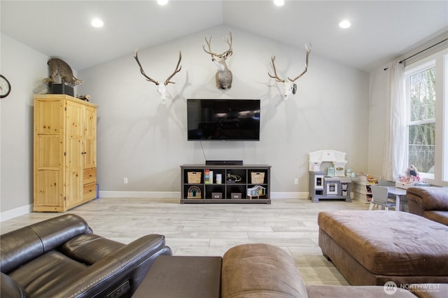 living room with baseboards, vaulted ceiling, wood finished floors, and recessed lighting