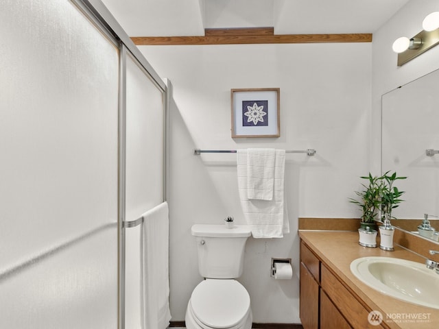 bathroom featuring a shower stall, toilet, and vanity