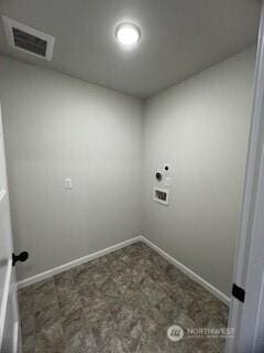 laundry area with laundry area, visible vents, hookup for an electric dryer, and baseboards