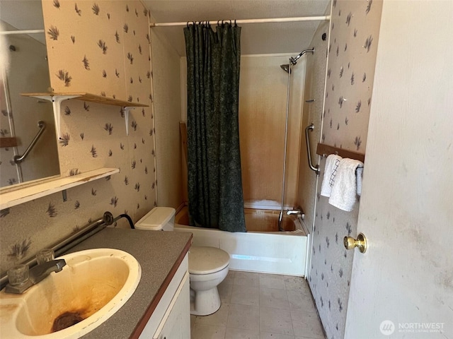 bathroom with vanity, shower / bathtub combination with curtain, toilet, and wallpapered walls