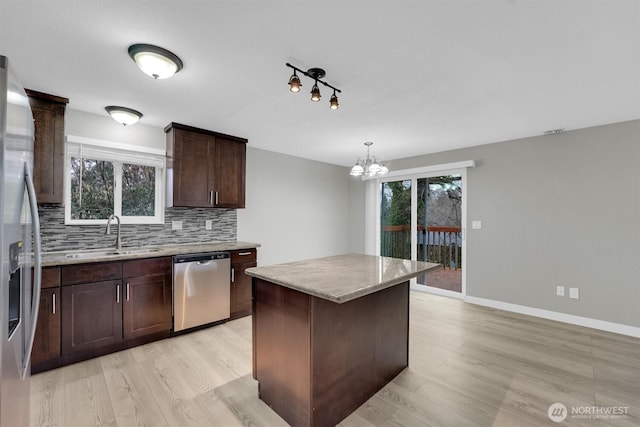 kitchen featuring backsplash, a sink, light wood-style floors, dark brown cabinets, and appliances with stainless steel finishes