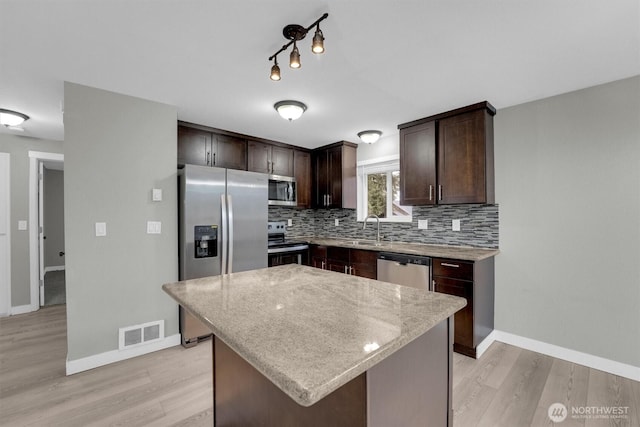 kitchen featuring backsplash, a sink, visible vents, dark brown cabinetry, and appliances with stainless steel finishes