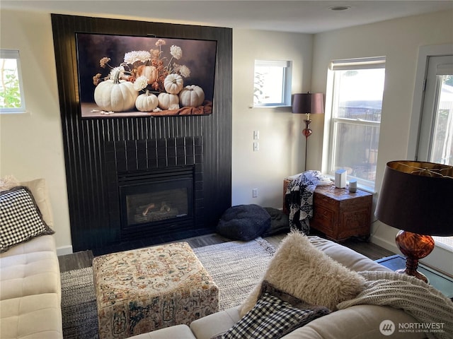 living room featuring a glass covered fireplace