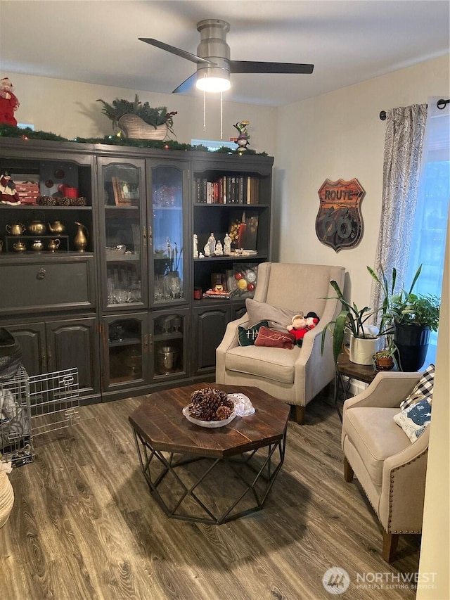 living area featuring ceiling fan and wood finished floors