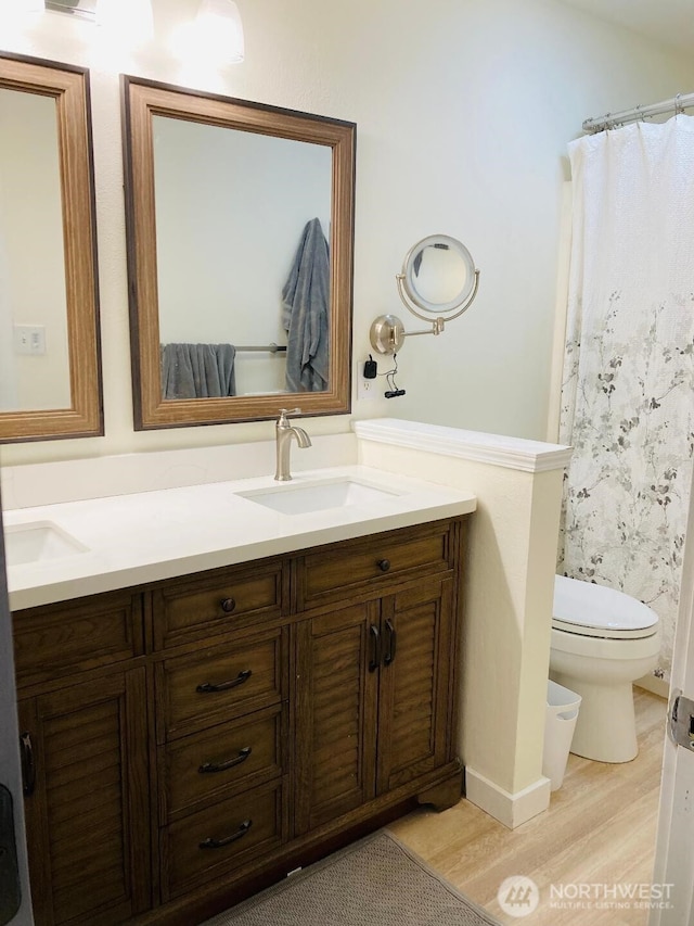 bathroom with double vanity, wood finished floors, a sink, and toilet