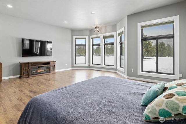 bedroom featuring recessed lighting, multiple windows, wood finished floors, and a glass covered fireplace