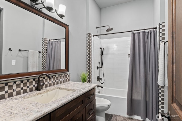 bathroom with shower / bath combo, toilet, tile patterned floors, vanity, and backsplash