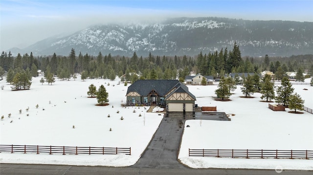 snowy aerial view featuring a mountain view and a view of trees