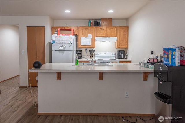 kitchen with white appliances, wood finished floors, light countertops, under cabinet range hood, and a sink