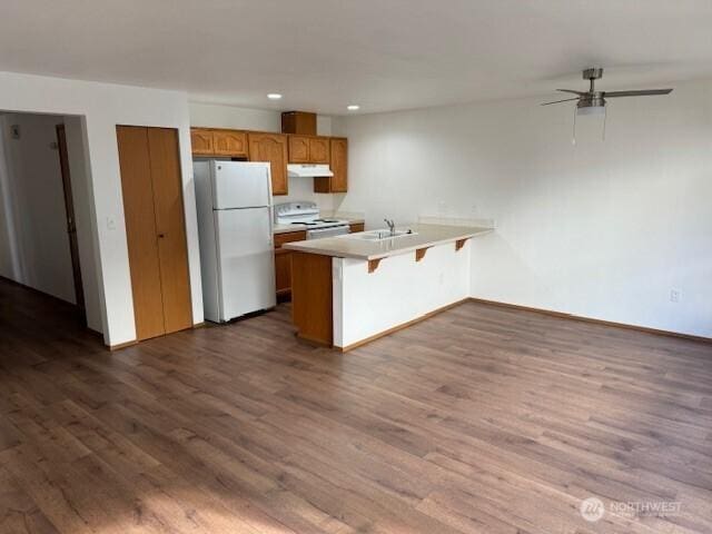 16081610 E 34th St Unit B, Tacoma, WA 98404 - kitchen with dark wood-style flooring, a sink, a peninsula, under cabinet range hood, and white appliances