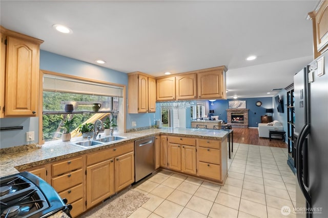 kitchen featuring appliances with stainless steel finishes, open floor plan, a peninsula, a fireplace, and a sink