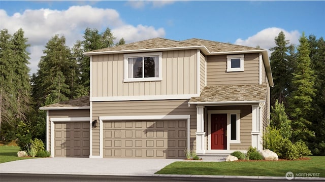 traditional home with board and batten siding, concrete driveway, a shingled roof, and an attached garage