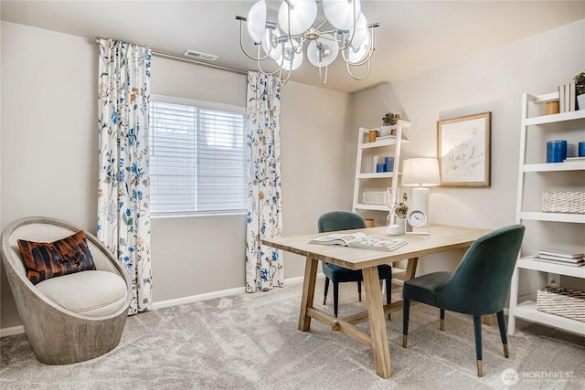 home office featuring a chandelier, light colored carpet, visible vents, and baseboards