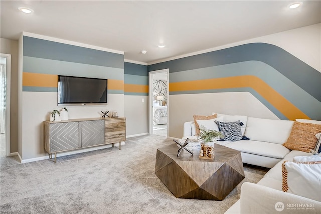 living room with light carpet, baseboards, and recessed lighting