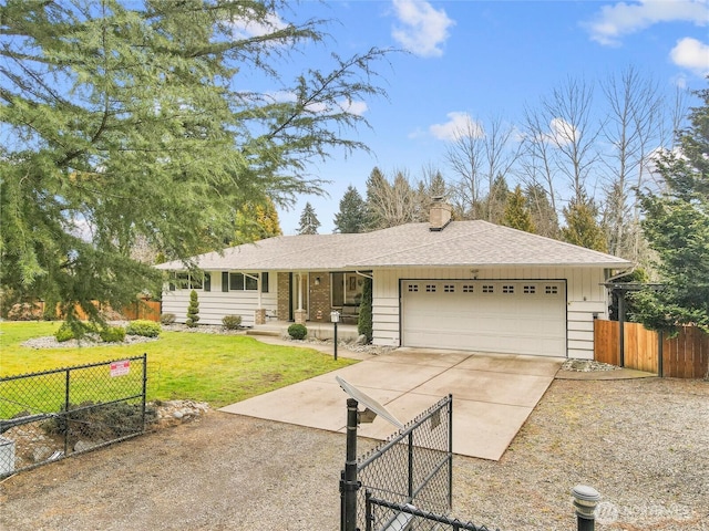 ranch-style house with a chimney, an attached garage, fence, driveway, and a front lawn