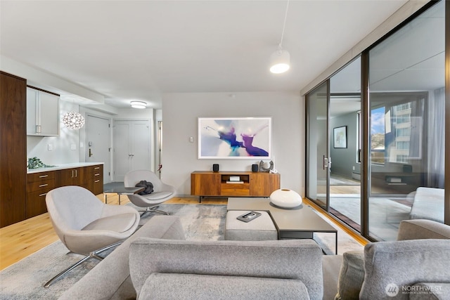 living area featuring a wall of windows and wood finished floors