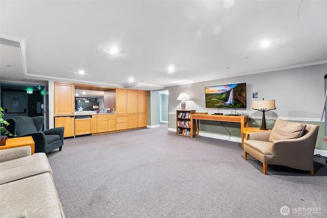 living room with light carpet, baseboards, crown molding, and recessed lighting