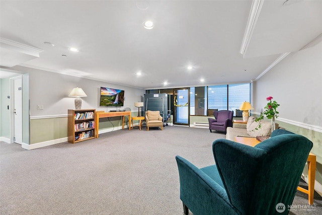 living room featuring baseboards, a baseboard radiator, ornamental molding, carpet floors, and recessed lighting