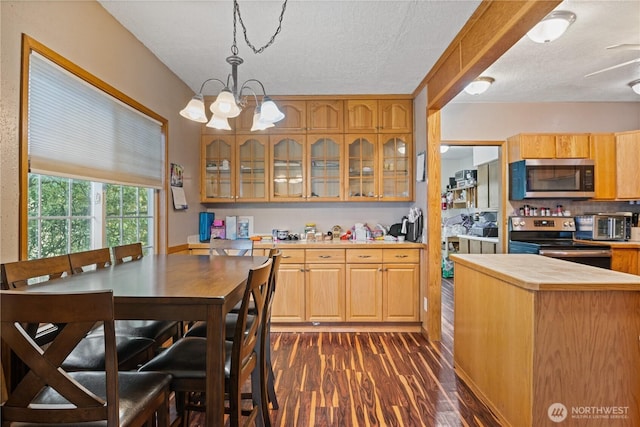 kitchen with glass insert cabinets, dark wood-type flooring, stainless steel appliances, light countertops, and a chandelier