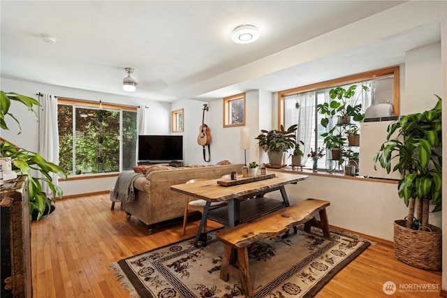 living area with light wood-type flooring, a wealth of natural light, and baseboards