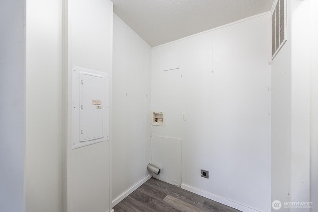 laundry room featuring washer hookup, dark wood-style flooring, electric dryer hookup, laundry area, and electric panel