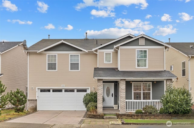 craftsman house with a porch, brick siding, driveway, and an attached garage