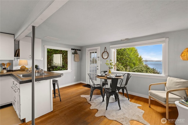 dining area with light wood-type flooring, a water view, and baseboards