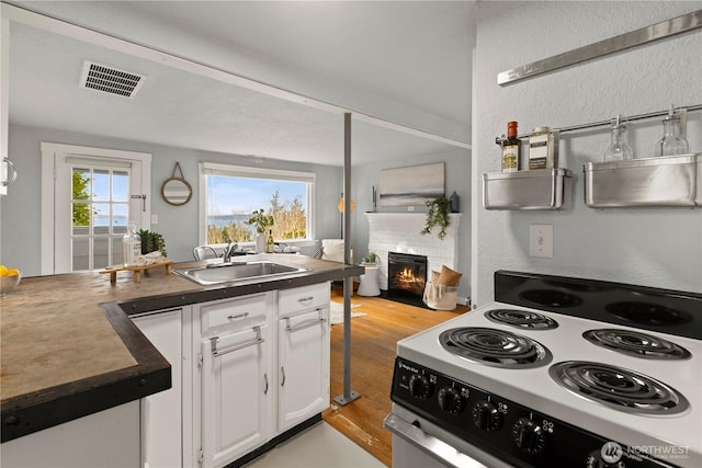 kitchen with light wood finished floors, visible vents, white cabinets, electric range oven, and a sink