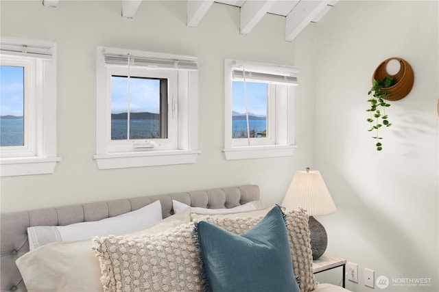 bedroom featuring beam ceiling